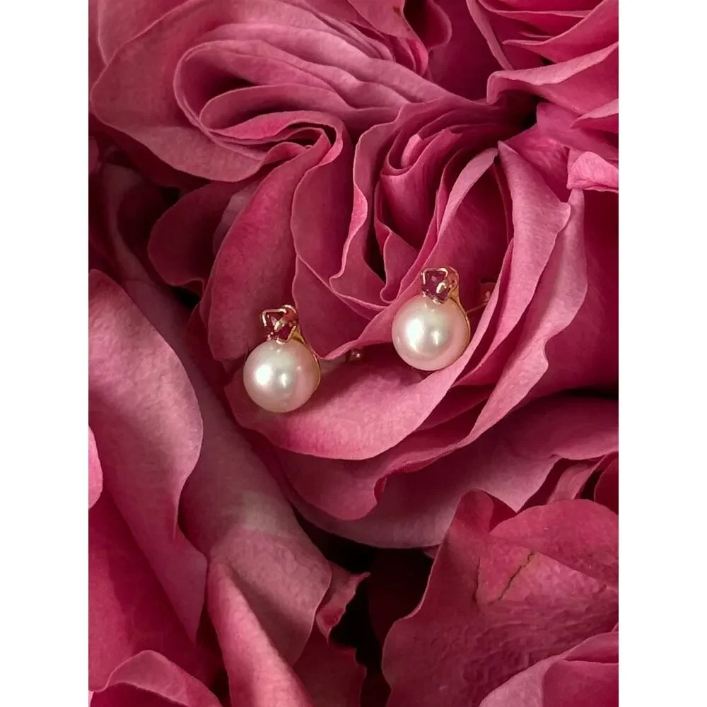 14K Yellow Gold Pearl & Ruby Stud Earrings